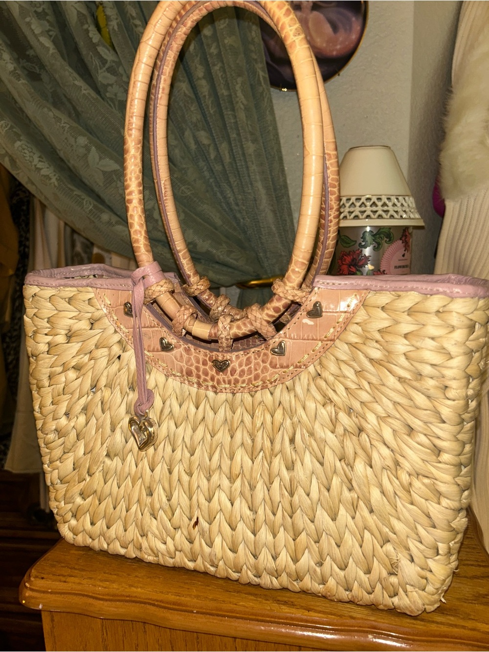 Brighton Wicker Woven Straw Tote Bag with Pink Croc Embossed Leather